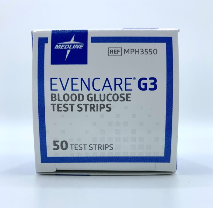 Retail packaging of Medline G3 test strips with barcode and SKU